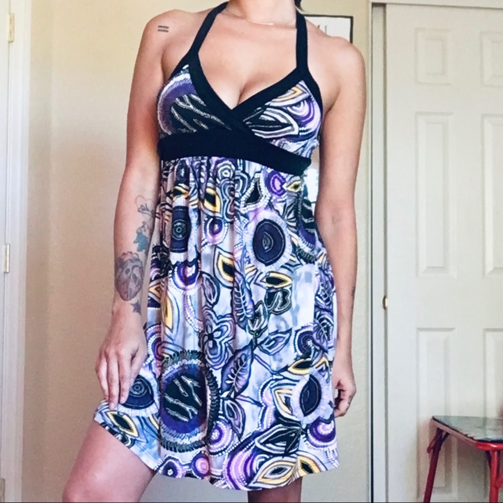 Silky Purple Patterned Halter Dress
